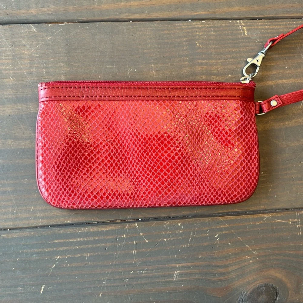 Fossil Red Suede Snakeskin‎ Wristlet Purse Wallet Zip Around Credit Card